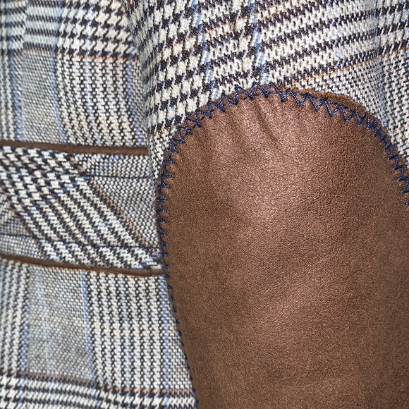 ZARA Basics Wool blend Plaid Blazer brown patchwork elbows 2 button satin lined - Picture 17 of 17